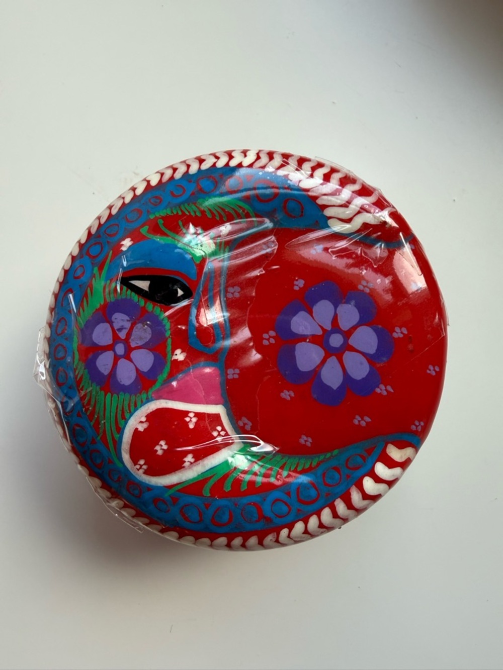 Mexican Folk Art Style Hand Painted Terracotta Bowl Crescent Moon Flowers